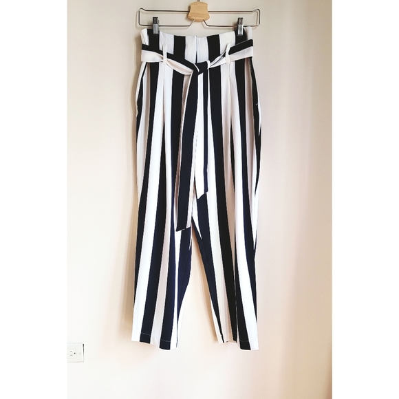 H&m black and white striped belted pants trousers - Picture 2 of 4